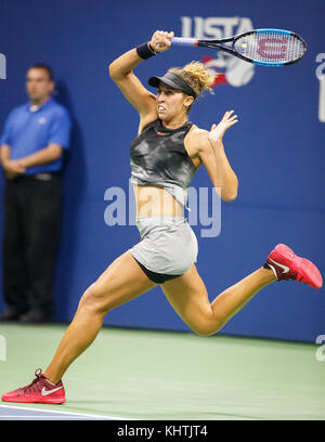 American tennis player MADISON KEYS (USA) playing forehand shot in US Open 2017 Tennis Championship, New York City, New York State, United States. Stock Photo