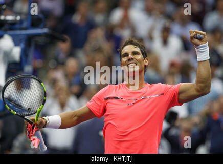 Spanish tennis player RAFAEL NADAL (ESP) cheers after his victory at US Open 2017 Tennis Championship, New York City, New York State, United States. Stock Photo