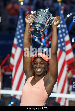 American tennis player SLOANE STEPHENS poses with the championship trophy during the trophy ceremony after the Women's Singles finals match at the US  Stock Photo