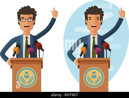 Public statement. Orator speak from tribune. Vector flat illustration Stock Vector