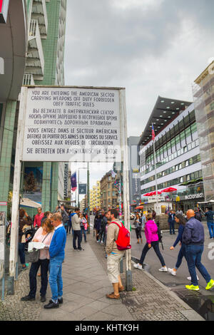BERLIN - AUGUST 21, 2017: Historical sign at Checkpoint Charlie on August 21, 2017 in Berlin, Germany. The name was given by the Western Allies to the Stock Photo