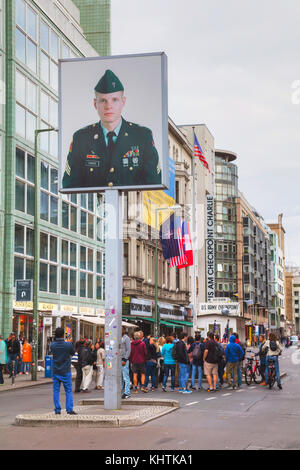 BERLIN - AUGUST 21, 2017: Checkpoint Charlie on August 21, 2017 in Berlin, Germany. The name was given by the Western Allies to the best-known Berlin  Stock Photo