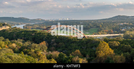 Aerial View of the Austin 360 Bridge With Downtown Austin Skyline in ...
