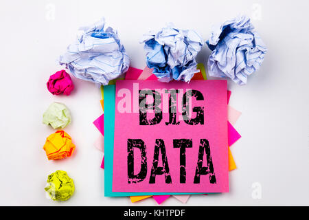 Writing text showing Big Data written on sticky note in office with screw paper balls. Business concept for Storage Network Online Server on the white Stock Photo