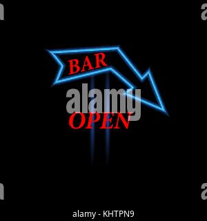 Arrow neon sign open bar. Vector illustration . Stock Vector