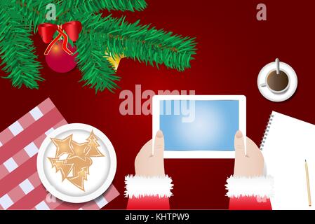 Hands of Santa Claus are holding tablet with blank screen ready for your text over the table with  branch of Christmas tree, Christmas sweets on the p Stock Vector