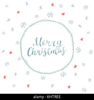 Christmas card with hand drown round frame, snowflakes, stars and lettering Stock Vector