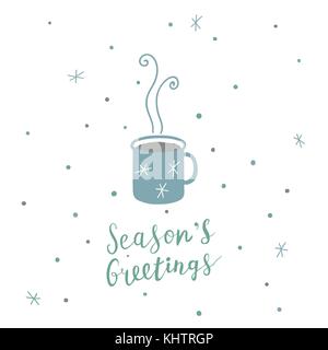 Christmas card with hand drawn mug with hot drink, snowflakes and lettering, Christmas design elements Stock Vector