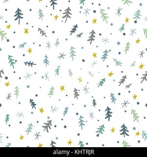 Seamless Christmas pattern with conifer trees, stars and snowflakes Stock Vector