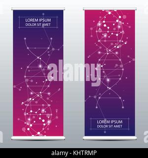 Abstract roll up banner for presentation and publication. Scientific, technological and medical template. Molecule structure background, vector illustration. Stock Vector