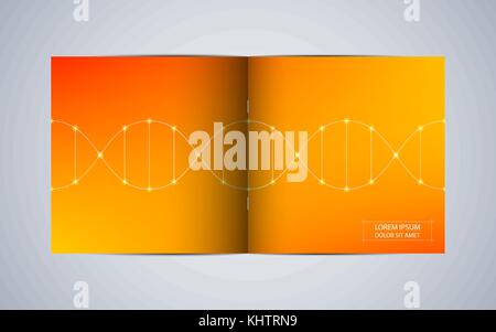 Bi fold square brochure template with dna molecule background. Stock Vector