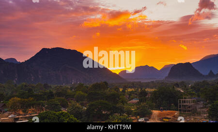 Viewpoint and beautiful sunset at Vang Vieng, Laos. Stock Photo