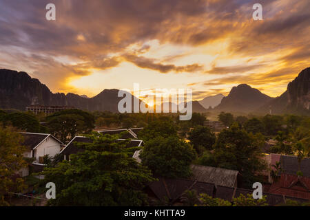 Viewpoint and beautiful sunset at Vang Vieng, Laos. Stock Photo