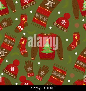 Winter apparel seamless pattern. Christmas clothes repeating texture. Warm clothing Infinite background. Sweater, gloves, hat, socks. Vector illustration. Stock Vector
