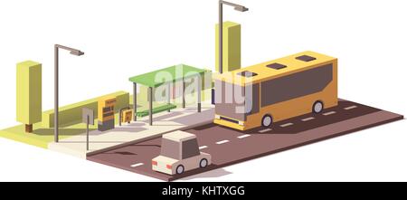 Vector low poly bus and the bus stop Stock Vector