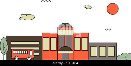 Bright flat illustration of school building and bus for back to school banner or poster design Stock Vector