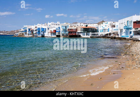 Klein Venedig in Mykonos-Stadt, Little Venice at Mykonos-town, Mykonos island, Cyclades, Aegean, Greece, Stock Photo