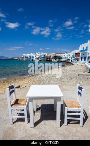 Klein Venedig in Mykonos-Stadt, Little Venice at Mykonos-town, Mykonos island, Cyclades, Aegean, Greece, Stock Photo