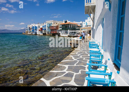 Klein Venedig in Mykonos-Stadt, Little Venice at Mykonos-town, Mykonos island, Cyclades, Aegean, Greece, Stock Photo