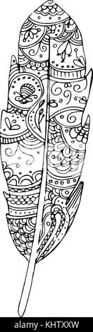 Hand drawn doodle zentangle feather isolated from background. Blue and ...
