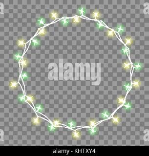 Glowing garland with small lamps. Garlands Christmas decorations lights effects. Glowing lights Garlands Xmas Holiday greeting card design. Vector illustration, clipart. Stock Vector