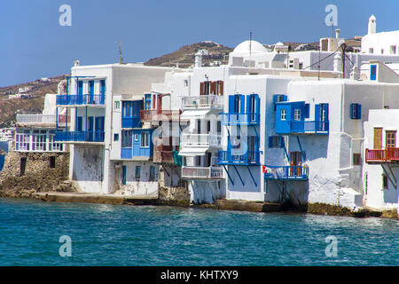 Klein Venedig in Mykonos-Stadt, Little Venice at Mykonos-town, Mykonos island, Cyclades, Aegean, Greece, Stock Photo