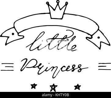 Hand drawn baby lettering little princess with crown for print, textile, poster, card, t-shirt, bags, decor. Modern brush style. Stock Vector