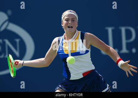 Latvian tennis player JELENA OSTAPENKO (LAT) hitting a forehand shot during women's singles match in US Open 2017 Tennis Championship, New York City,  Stock Photo