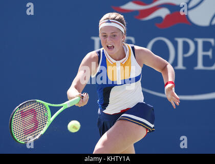 Latvian tennis player JELENA OSTAPENKO (LAT) hitting a forehand shot during women's singles match in US Open 2017 Tennis Championship, New York City,  Stock Photo