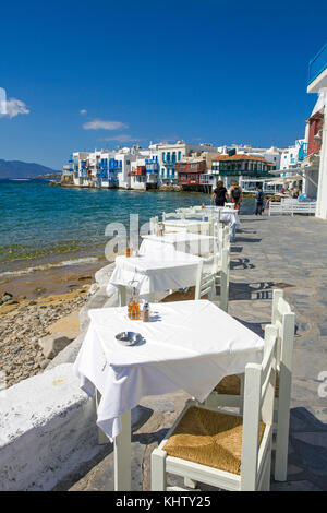 Restaurant at waterfront, Little Venice, Mykonos-town, Mykonos island, Cyclades, Aegean, Greece Stock Photo