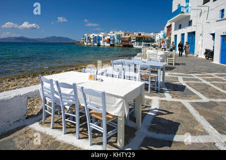 Restaurant at waterfront, Little Venice, Mykonos-town, Mykonos island, Cyclades, Aegean, Greece Stock Photo