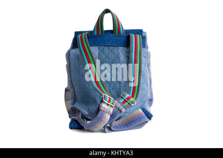 Blue school backpack isolated on white background, back view Stock Photo