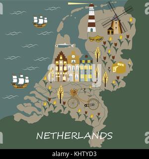 Set of hand drawn vector doodles of Amsterdam, Netherlands Stock Vector