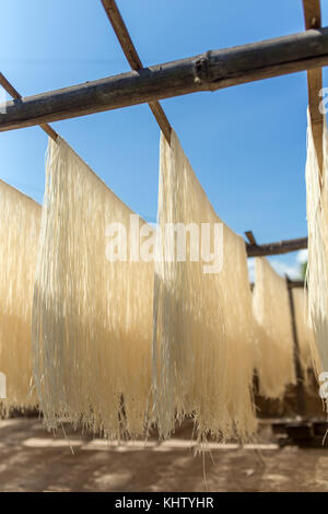 Homemade rice pasta drying on sun in Myanmar. Stock Photo
