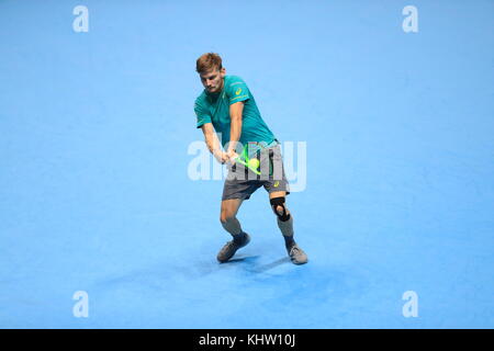 David Goffin in action against Grigor Dimitrov in the Men's Singles Final during day eight of the NITTO ATP World Tour Finals at the O2 Arena, London. PRESS ASSOCIATION Photo. Picture date: Sunday November 19, 2017. See PA story TENNIS London. Photo credit should read: Adam Davy/PA Wire. Stock Photo