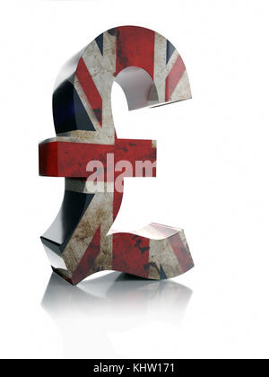 3D rendering of British Pound Sterling currency symbol wrapped around with British flag over white background Stock Photo