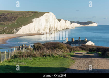 Seven Sisters Cliffs and Coastguard Cottages, Cuckmere Haven, Seaford Head Nature Reserve, Seaford, East Sussex, England, United Kingdom