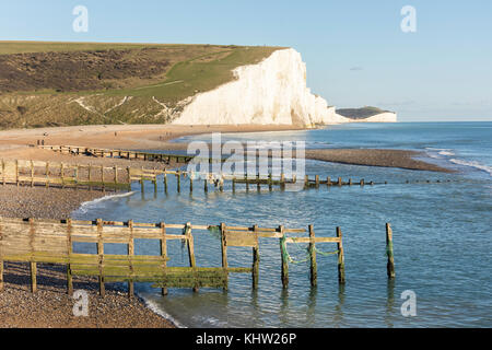 Beach and Seven Sisters Cliffs at Cuckmere Haven, Seaford Head Nature Reserve, Seaford, East Sussex, England, United Kingdom Stock Photo