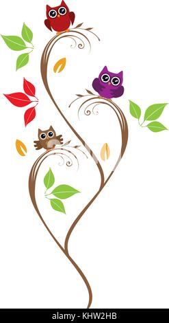 vector illustration of owl tree. nature cartoon background. fun birds on the branches cute design. Stock Vector