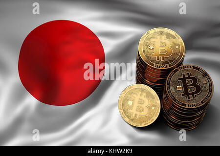 Stack of Bitcoin coins on Japanese flag. Situation of Bitcoin and other cryptocurrencies in Japan concept. 3D Rendering Stock Photo