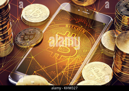 Smartphone with Bitcoin on-screen among piles of Bitcoins. Bitcoin in danger concept. 3D rendering Stock Photo