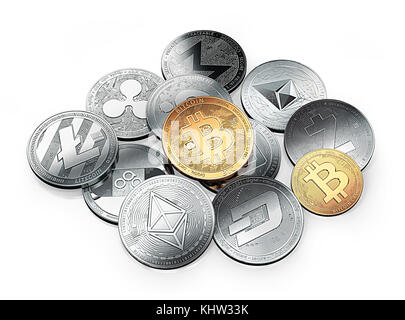 Huge stack of cryptocurrencies with a golden bitcoin on the front. Isolated on white background. 3D illustration Stock Photo