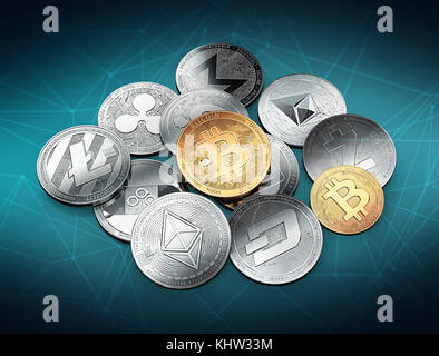 Huge stack of cryptocurrencies with a golden bitcoin on the front as the leader. Bitcoin as most important cryptocurrency concept. 3D illustration Stock Photo