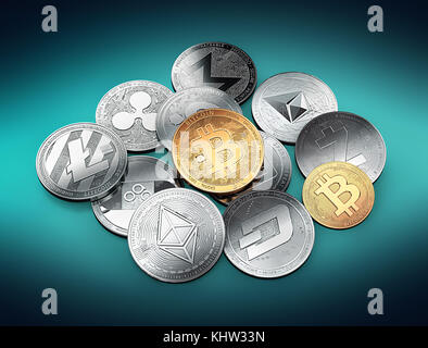 Huge stack of cryptocurrencies with a golden bitcoin on the front as the leader. Bitcoin as most important cryptocurrency concept. 3D illustration Stock Photo