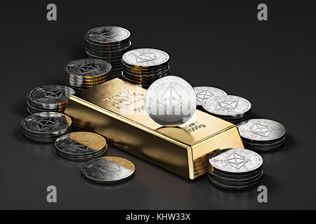 Big stack of golden Ethereum coins and gold bar (gold ingot). Ethereum as a future gold (most precious commodity in the world). 3D rendering Stock Photo