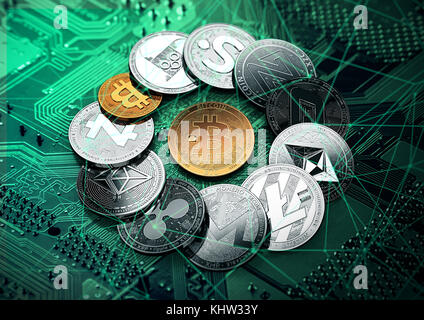 Huge stack of cryptocurrencies with a golden bitcoin in the middle. Bitcoin as most important cryptocurrency concept. 3D illustration Stock Photo