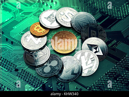 Huge stack of cryptocurrencies with a golden bitcoin in the middle. Bitcoin as most important cryptocurrency concept. 3D illustration Stock Photo