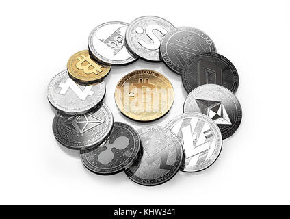 Huge stack of different cryptocurrencies with a golden bitcoin on the front. Isolated on white background. 3D illustration Stock Photo