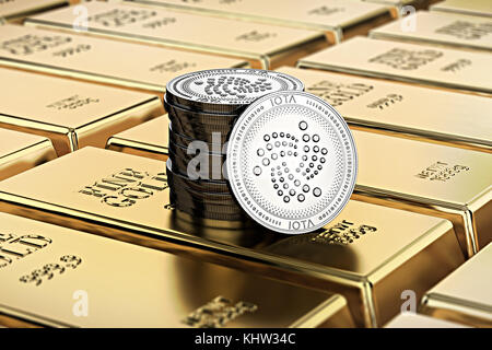 IOTA coins laying on stacked gold bars (gold ingots) rendered with shallow depth of field. Concept of highly desirable cryptocurrency. 3D rendering Stock Photo