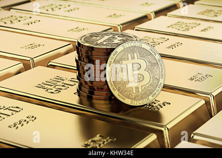 Bitcoin laying on stacked gold bars (gold ingots) rendered with shallow depth of field. Bitcoin as desirable as gold concept. 3D rendering Stock Photo